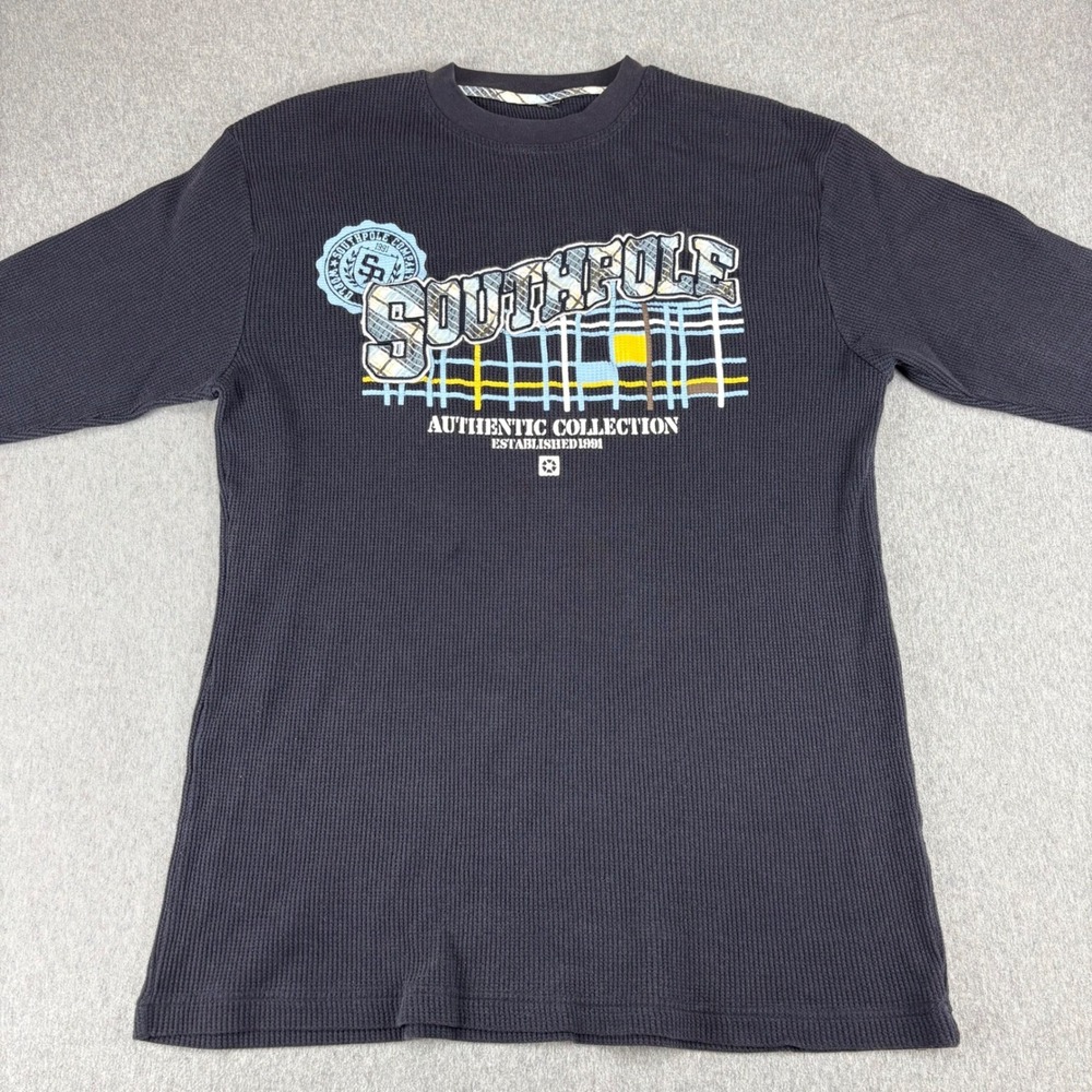 Southpole Long Sleeve Shirt Mens L Blue Thermal Waffle Knit Streetwear Y2K Retro